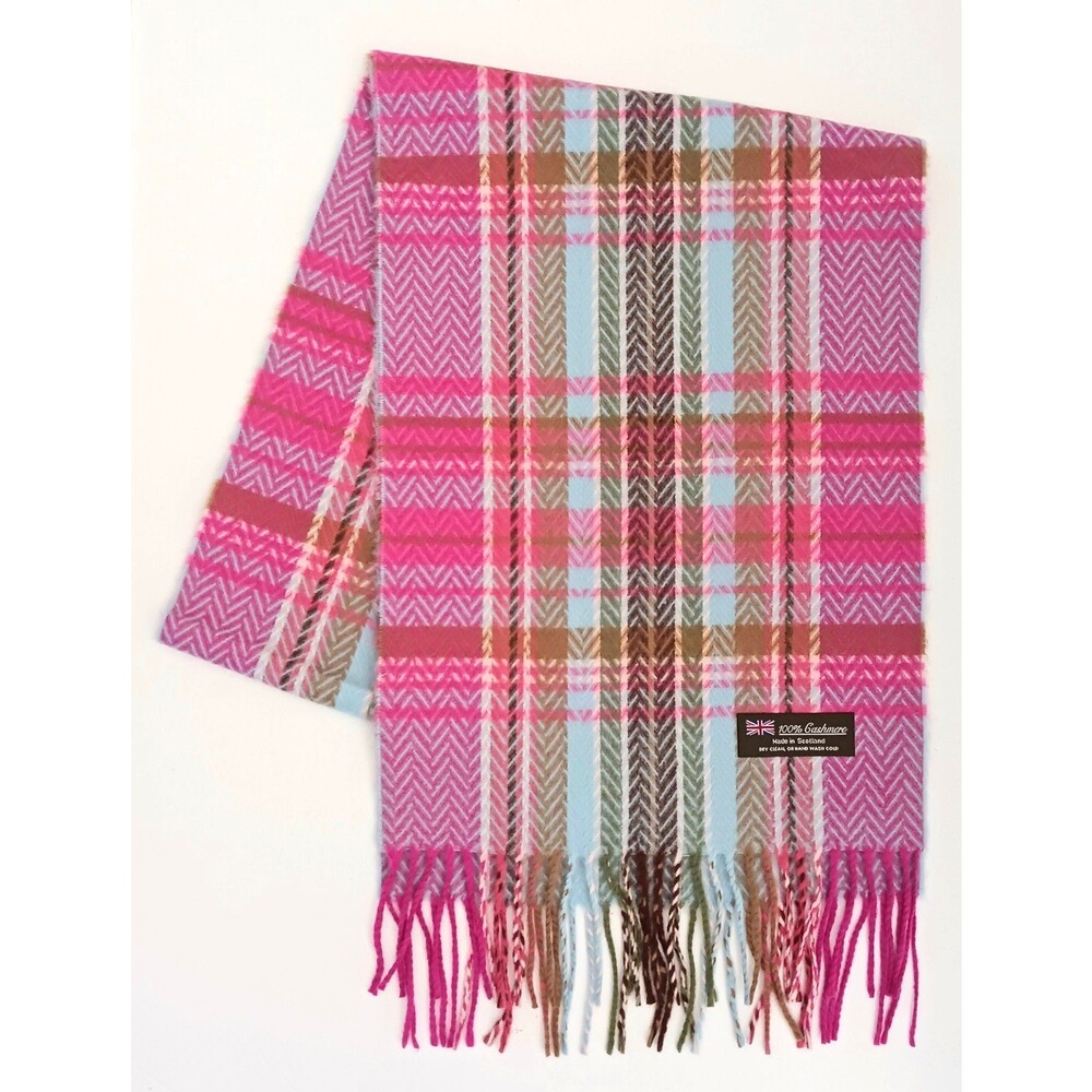NEW 100% Cashmere Scarf Hot Pink Blue Plaid Made in Scotland Twist Fringe Edge